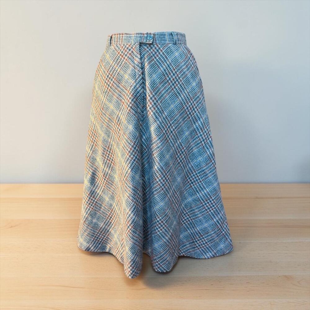 Blue Plaid Wool Midi Skirt 70s Academia Grandpa Chic Pockets John Meyer Sz 10